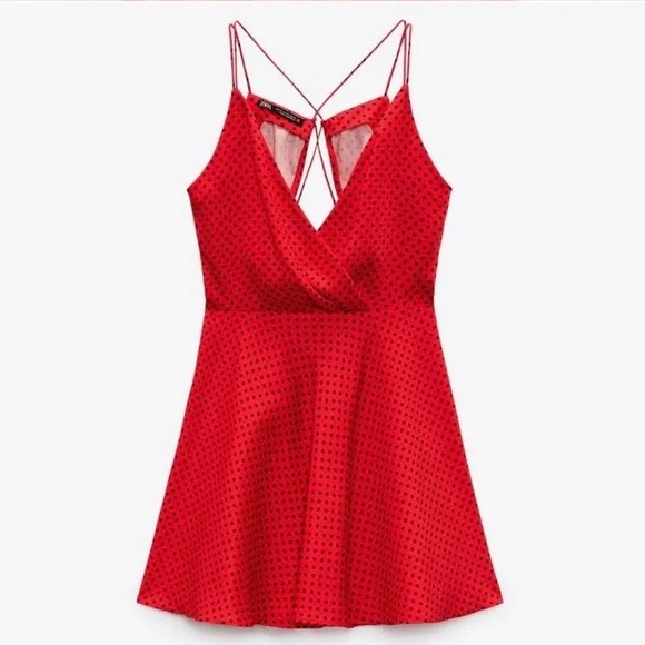 Zara red polka dot satin silk look open back mini flare dress  NWT - Picture 4 of 7